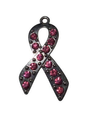 Pink Rhinestone Ribbon Charm Pendant Silver Tone Awareness Jewelry Craft Supply